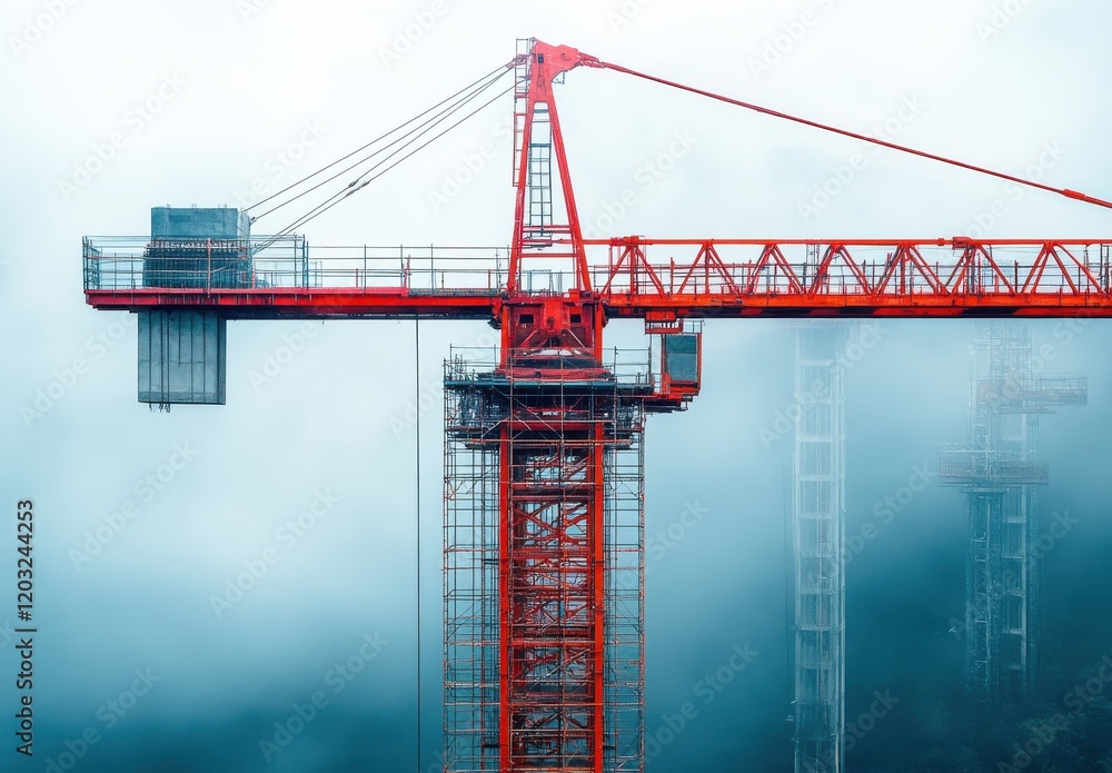 Red Construction Crane Among Foggy Landscape with Towering Structures in the Background, Symbolizing Urban Development and Modern Engineering in Progress Red Construction Crane Among Foggy Landscape with Towering Structures in the Background, Symbolizing Urban Development and Modern Engineering in Progress