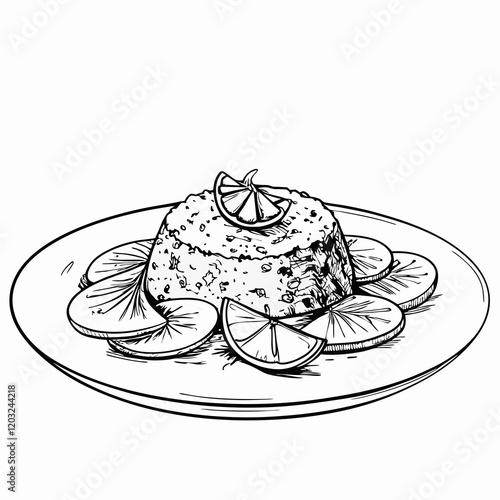 Black-and-white illustration of tuna tartare garnished with lemon slices