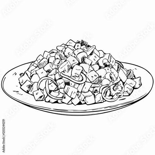 Black-and-white illustration of tuna salad on a plate