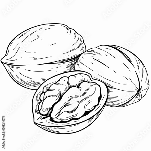 Black-and-white illustration of whole and cracked walnuts