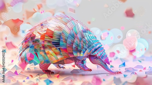 Design a whimsical 3D 4K watercolor illustration on a clean background of a small cute armadillo its body a protective shell of vibrant geometric pastel bands uncurling to explore  photo