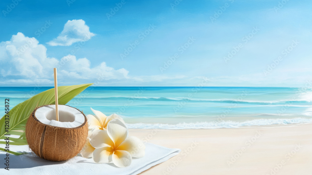 Fresh coconut with straw and tropical flowers on beach, evoking serene and relaxing atmosphere. vibrant blue ocean and soft clouds enhance tropical vibe Fresh coconut with straw and tropical flowers on beach, evoking serene and relaxing atmosphere. vibrant blue ocean and soft clouds enhance tropical vibe