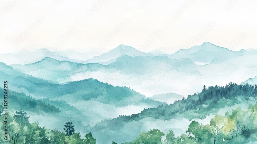 Obraz premium Watercolor of landscape forest misty mountains horizon and fog and hills,pine tree fir tree,Autumn forest background,drawn by hand,Autumn illustration design elements for landscape,wallpaper.