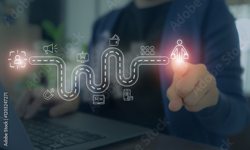 Customer journey map visualization concept. A business professional interacting with a digital customer journey map, illustrating key stages such as awareness, consumer behavior and decision-making. photo