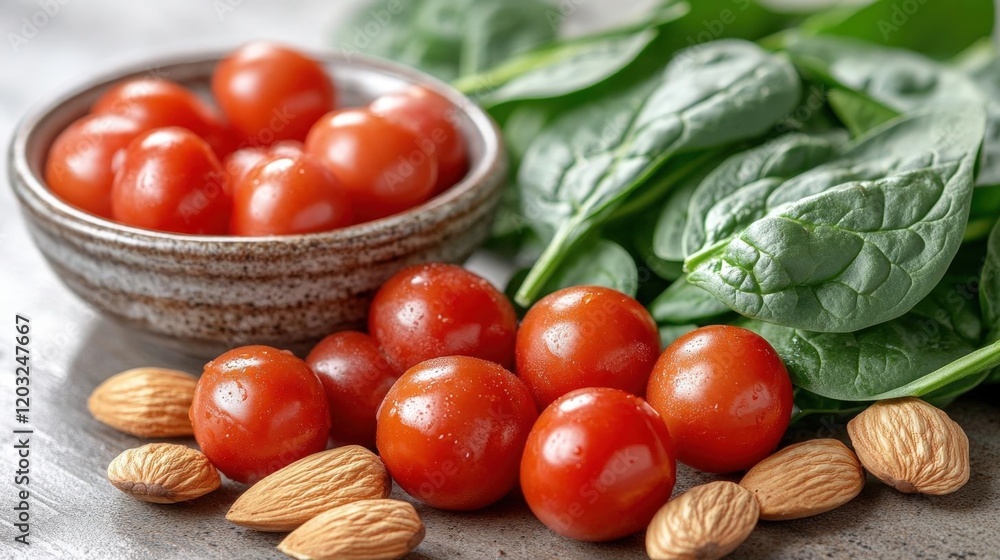 Fresh Tomatoes, Spinach, and Almonds: A Healthy and Nutritious Food Combination Fresh Tomatoes, Spinach, and Almonds: A Healthy and Nutritious Food Combination