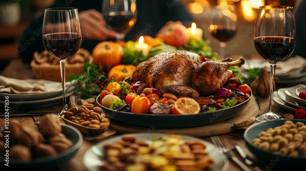 Holistic wellbeing nutrition concept. Festive dinner table with roasted turkey, fruits, and wine glasses, creating a warm atmosphere. Holistic wellbeing nutrition concept. Festive dinner table with roasted turkey, fruits, and wine glasses, creating a warm atmosphere.