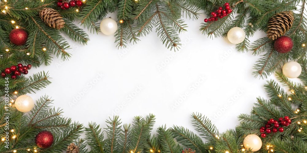 Seamless decorative christmas border with coniferous branches and garlands of christmas lights and ornaments festival cricket sports on solid white background Seamless decorative christmas border with coniferous branches and garlands of christmas lights and ornaments festival cricket sports on solid white background