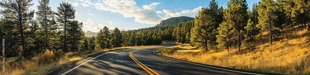 Fototapeta premium Mountain Road at Sunset: A scenic winding road cuts through a majestic mountain landscape, bathed in the golden light of the setting sun, with lush green pine trees lining the way.
