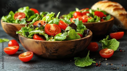 Fresh and vibrant salad with cherry tomatoes and mixed greens in rustic wooden bowls