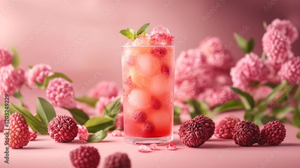 Refreshing Lychee Drink with Raspberries and Flower Petals Refreshing Lychee Drink with Raspberries and Flower Petals