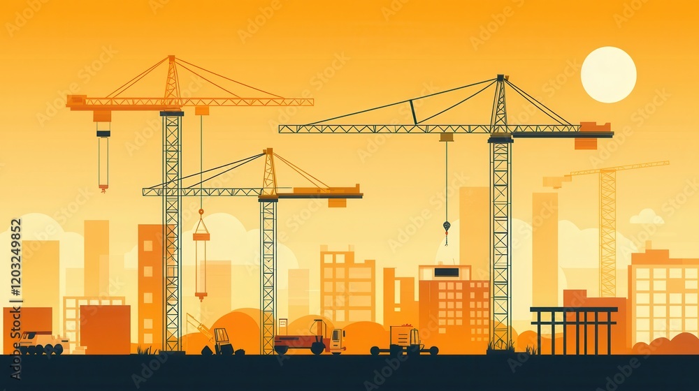 A vibrant sunset scene featuring construction cranes silhouetted against a glowing orange sky, symbolizing development and urban growth. A vibrant sunset scene featuring construction cranes silhouetted against a glowing orange sky, symbolizing development and urban growth.