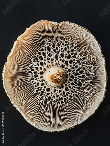 Mushroom Cap Spore Print Made on Dark Background Showcasing Intricate Gill Patterns and Unique Textures