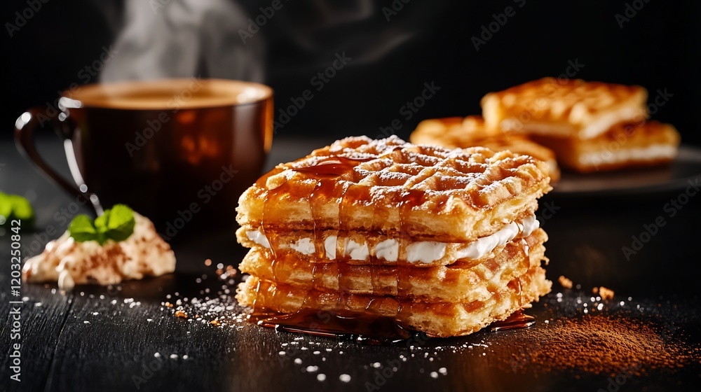 Golden waffles drizzled caramel steamy coffee warm inviting breakfast. AI Generated Golden waffles drizzled caramel steamy coffee warm inviting breakfast. AI Generated