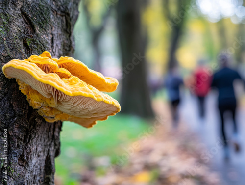 Vibrant Yellow Sulfur Shelf Mushroom Thriving on a Tree Trunk in an Autumn Park Landscape photo