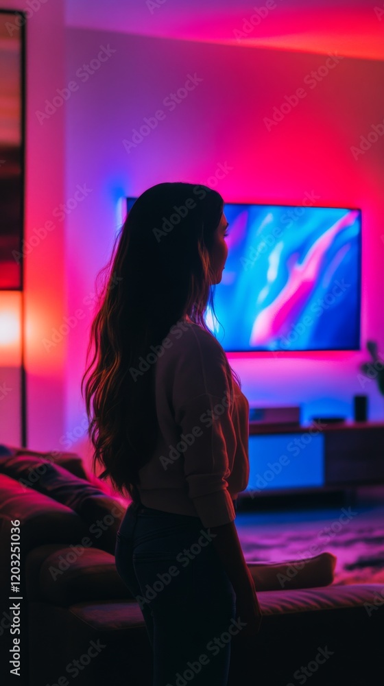 Naklejka premium A woman stands in a cozy room illuminated by colorful lights. The vibrant glow from the TV adds depth to the atmosphere. A moment of tranquility captured. Generative AI