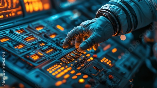 Astronaut operates control panel in futuristic spacecraft during deep space mission at night