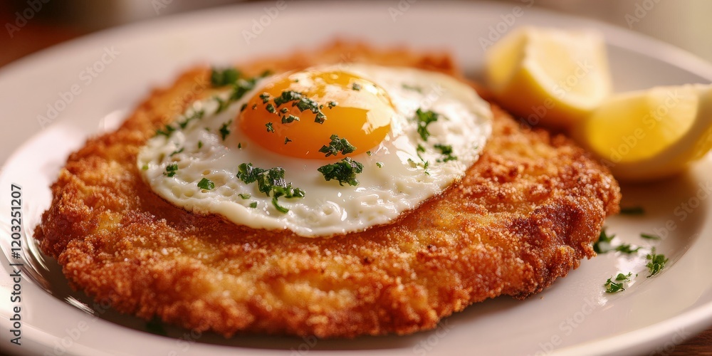 Crispy fried schnitzel topped with a sunny side up egg and lemon wedges Crispy fried schnitzel topped with a sunny side up egg and lemon wedges