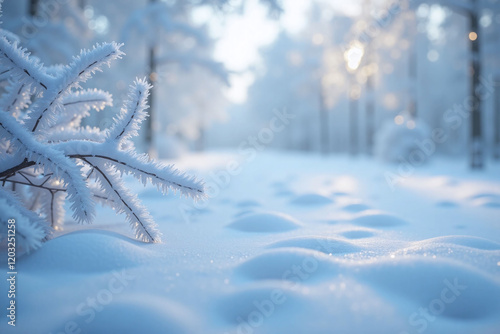 blurred icy blues whites background with frost covered tree branch photo