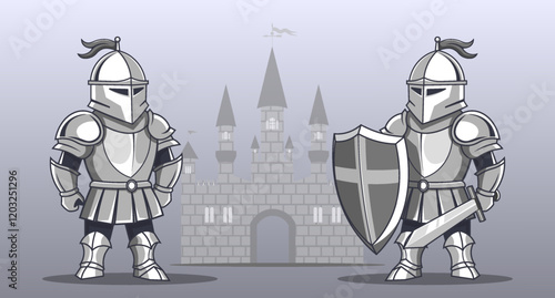 Vector cartoon black and white medieval knights in armor with sword and shield. Fairytale castle. Defense and protection. Historical royal warriors. Defenders and guards.