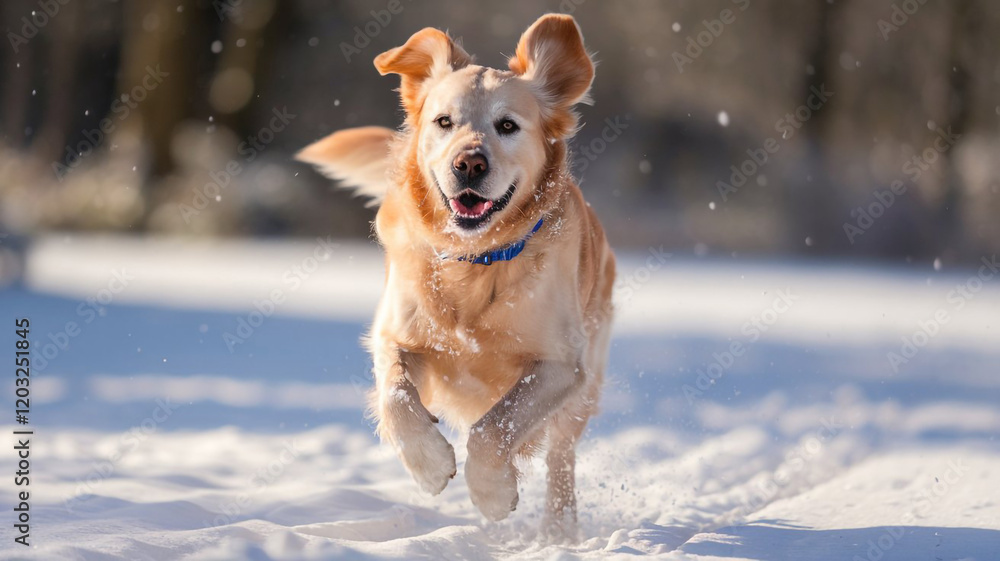 Happy Golden Retriever Running in Snowy Winter Landscape Happy Golden Retriever Running in Snowy Winter Landscape