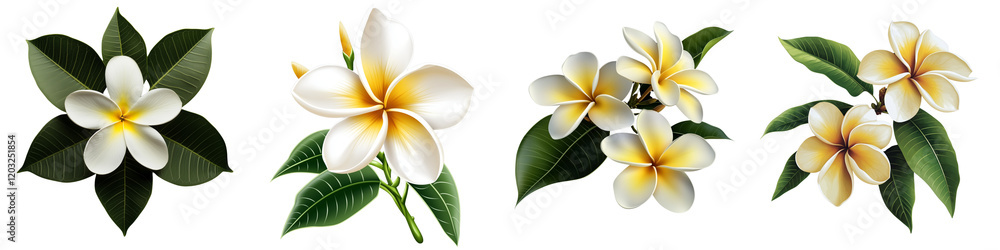 Fototapeta premium set of a frangible flower with green leaves isolated on a transparent background