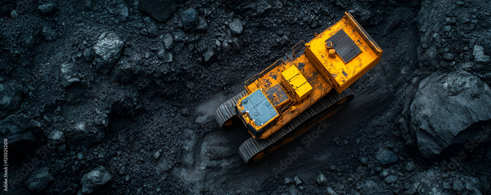 Aerial view Yellow bulldozer in coal mine Aerial view Yellow bulldozer in coal mine