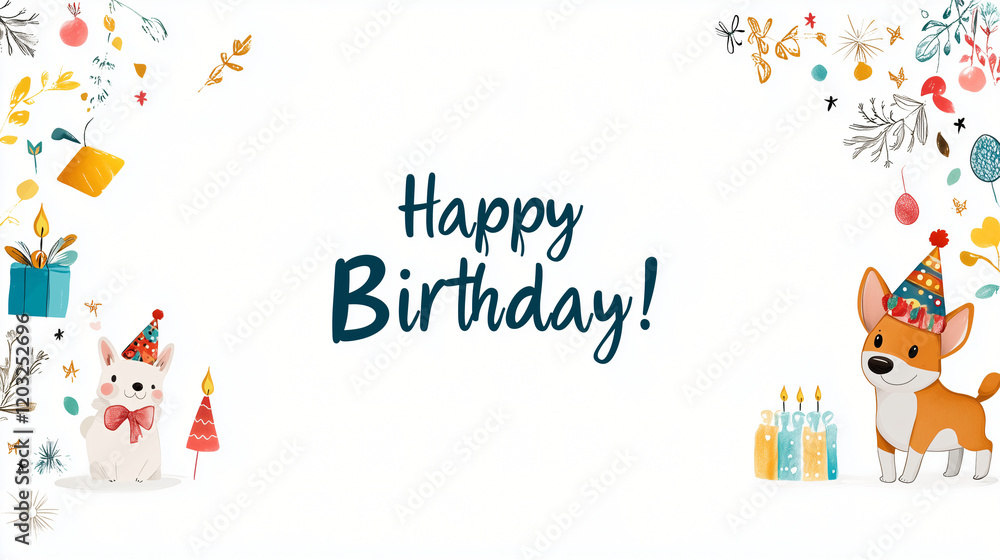 Fototapeta premium Happy Birthday Party Animals: Two adorable cartoon animals, a cat and a dog, wear party hats and celebrate with festive balloons and candles.