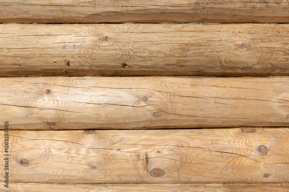 New wooden wall made of uncolored natural pine tree logs, front view New wooden wall made of uncolored natural pine tree logs, front view