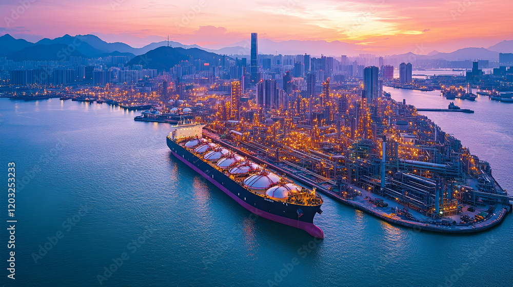 Fototapeta premium LNG tanker docks, city sunset, harbor, refinery