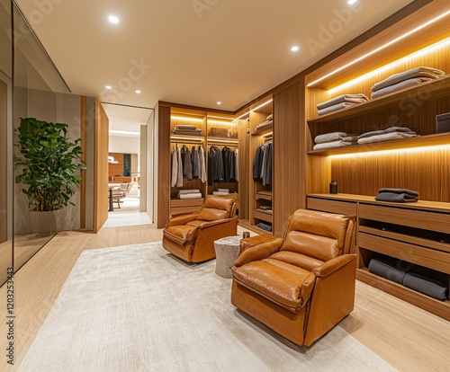 Cozy dressing area with modern design and warm lighting in a home photo