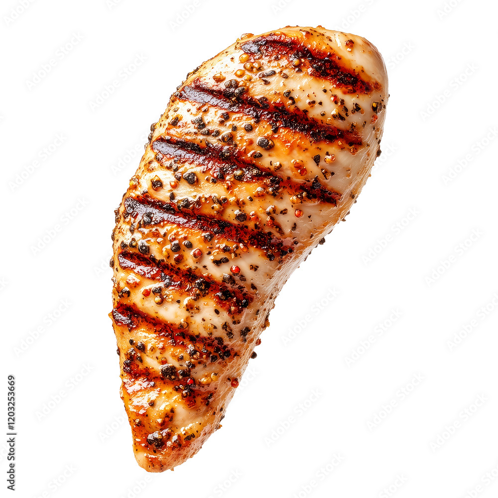 Grilled chicken breast seasoned with spices isolated on white transparent background, concept of healthy food and barbecue Grilled chicken breast seasoned with spices isolated on white transparent background, concept of healthy food and barbecue