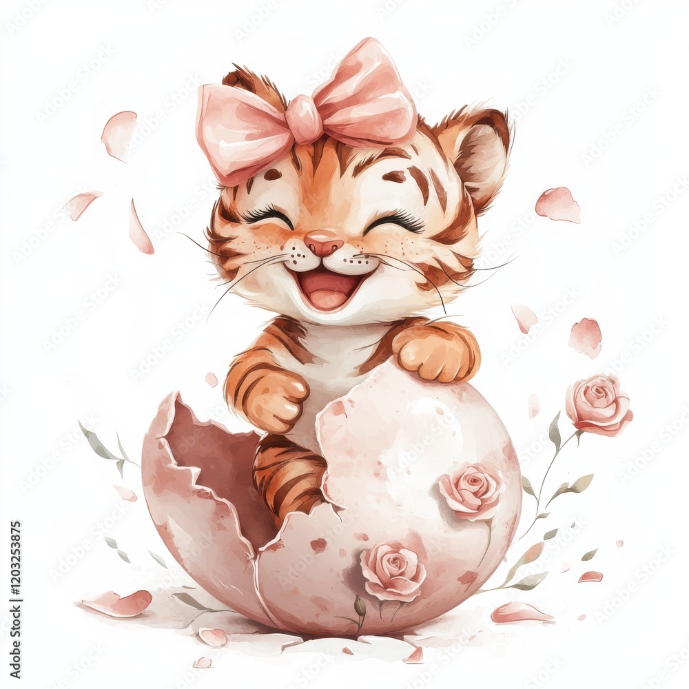 laughing baby tiger emerging from pink eggshell surrounded by petals and roses, joyful easter-themed illustration, concept of holiday cards, kids' decor, children’s products laughing baby tiger emerging from pink eggshell surrounded by petals and roses, joyful easter-themed illustration, concept of holiday cards, kids' decor, children’s products