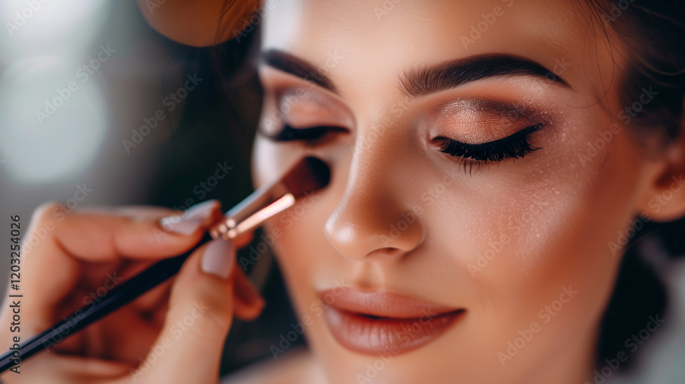 A close-up of a woman getting her makeup done, highlighting the artistry and detail in a chic setting A close-up of a woman getting her makeup done, highlighting the artistry and detail in a chic setting