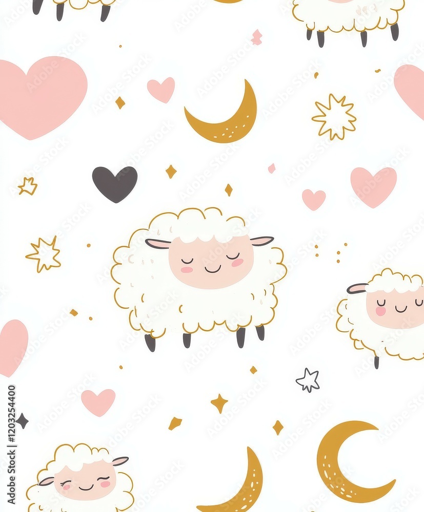 Cute cartoon sheep pattern with hearts and stars on a light background Cute cartoon sheep pattern with hearts and stars on a light background