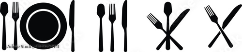Cutlery plate icon set. Place Setting Paper Plate, Plastic Fork, Spoon, Knife black line and flat vector collection isolated on transparent background. Utensils meal crockery symbol for food and app
