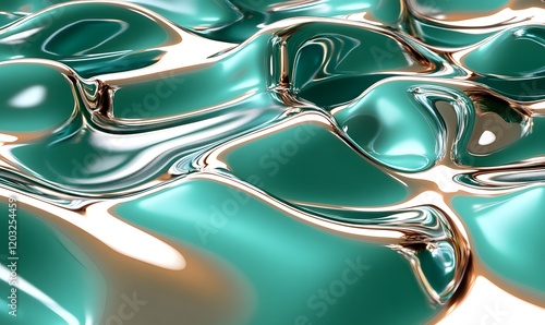 Abstract teal and gold liquid metal surface.
