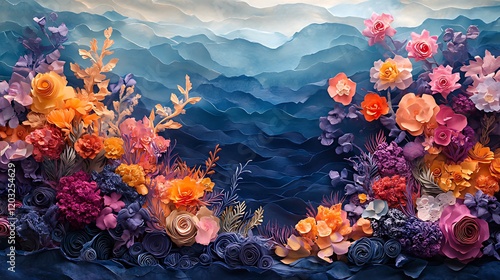 Wallpaper Mural Paper flowers, mountain backdrop, vibrant colors, art installation, wedding decor Torontodigital.ca