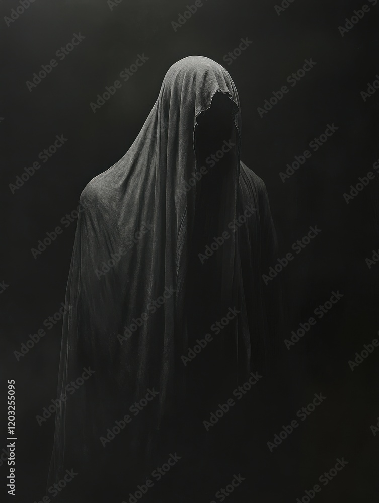 Mysterious figure shrouded in dark fabric against a shadowy background Mysterious figure shrouded in dark fabric against a shadowy background