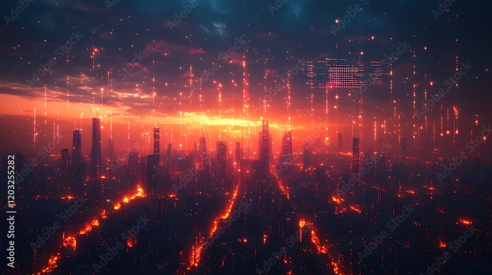 Futuristic city sunset, data rain, digital transformation Futuristic city sunset, data rain, digital transformation