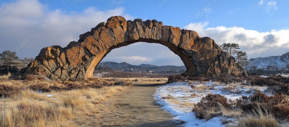 Fototapeta premium Stone arch landscape, winter path, mountain view, travel photo