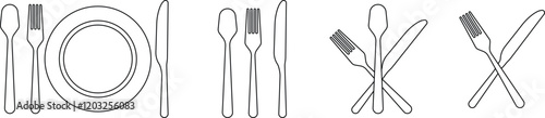 Cutlery plate icon set. Place Setting Paper Plate, Plastic Fork, Spoon, Knife black line and flat vector collection isolated on transparent background. Utensils meal crockery symbol for food and app