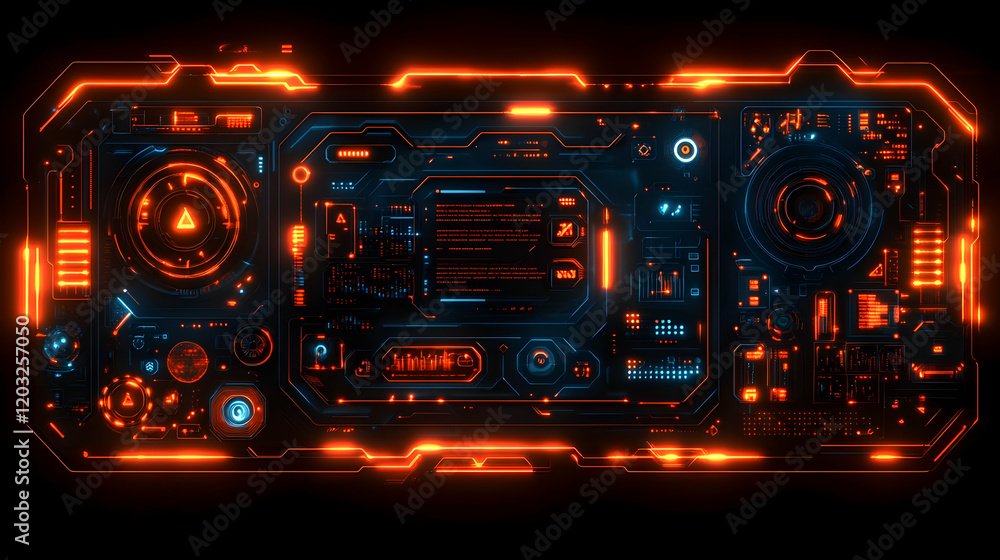 Obraz premium Futuristic Control Panel Interface with Glowing Orange and Blue Neon Lights