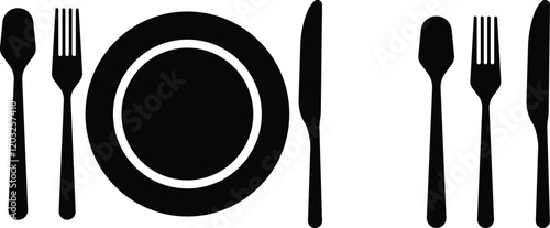 Cutlery plate icon set. Place Setting Paper Plate, Plastic Fork, Spoon, Knife black line and flat vector collection isolated on transparent background. Utensils meal crockery symbol for food and app