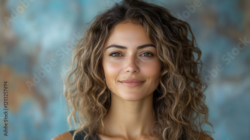 a curly hairs women smiling siolated on flat background ai  photo