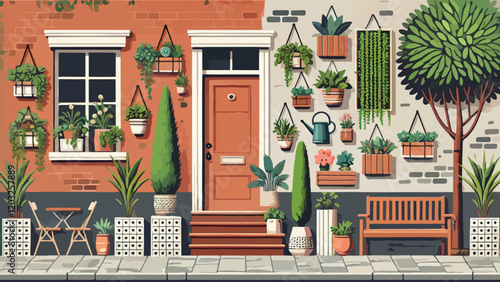 A compact and stylish front garden for an urban home, featuring vertical planters on the wall, potted plants in various sizes, a small seating area with a bench