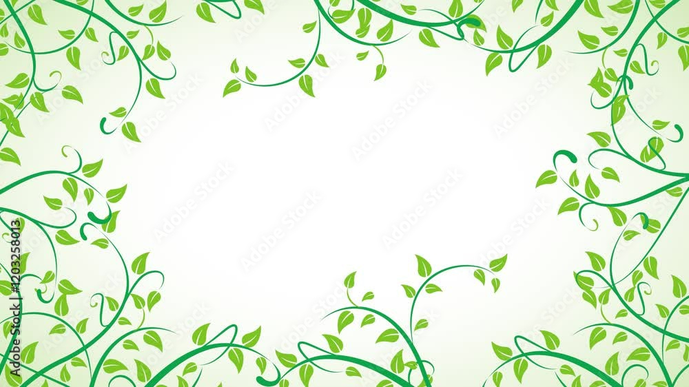 Stylized green vines and leaves create a decorative frame with empty center, Stylized green vines and leaves create a decorative frame with empty center,