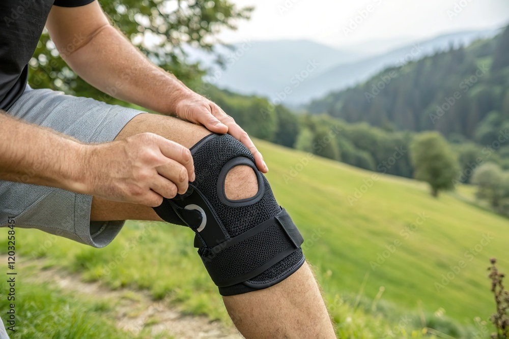 Fototapeta premium hand put protective brace on knee for outdoor activity