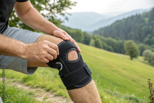 hand put protective brace on knee for outdoor activity