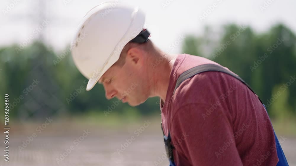 A committed construction worker, wearing a protective helmet, is diligently engaged in his outdoor work activities A committed construction worker, wearing a protective helmet, is diligently engaged in his outdoor work activities