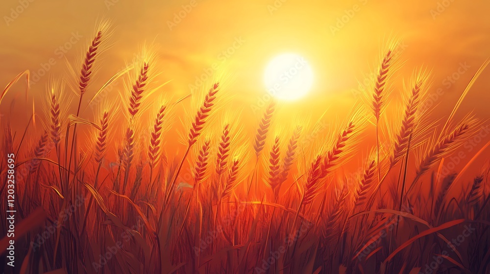 Golden Wheat Field Sunset Warmly Lit. AI Generated Golden Wheat Field Sunset Warmly Lit. AI Generated